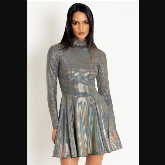 Blackmilk Dresses & Skirts - Blackmilk Holo Dot Long Sleeve Evil Mini Skater Dress Holographic